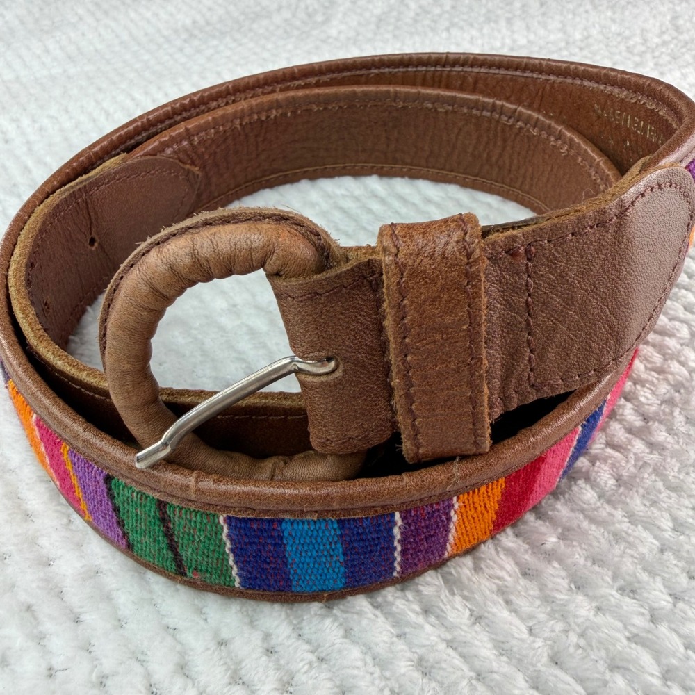 Omega Leather Woven Cotton Belt Brown Multi Color Boho Guatemala B 12087 Large